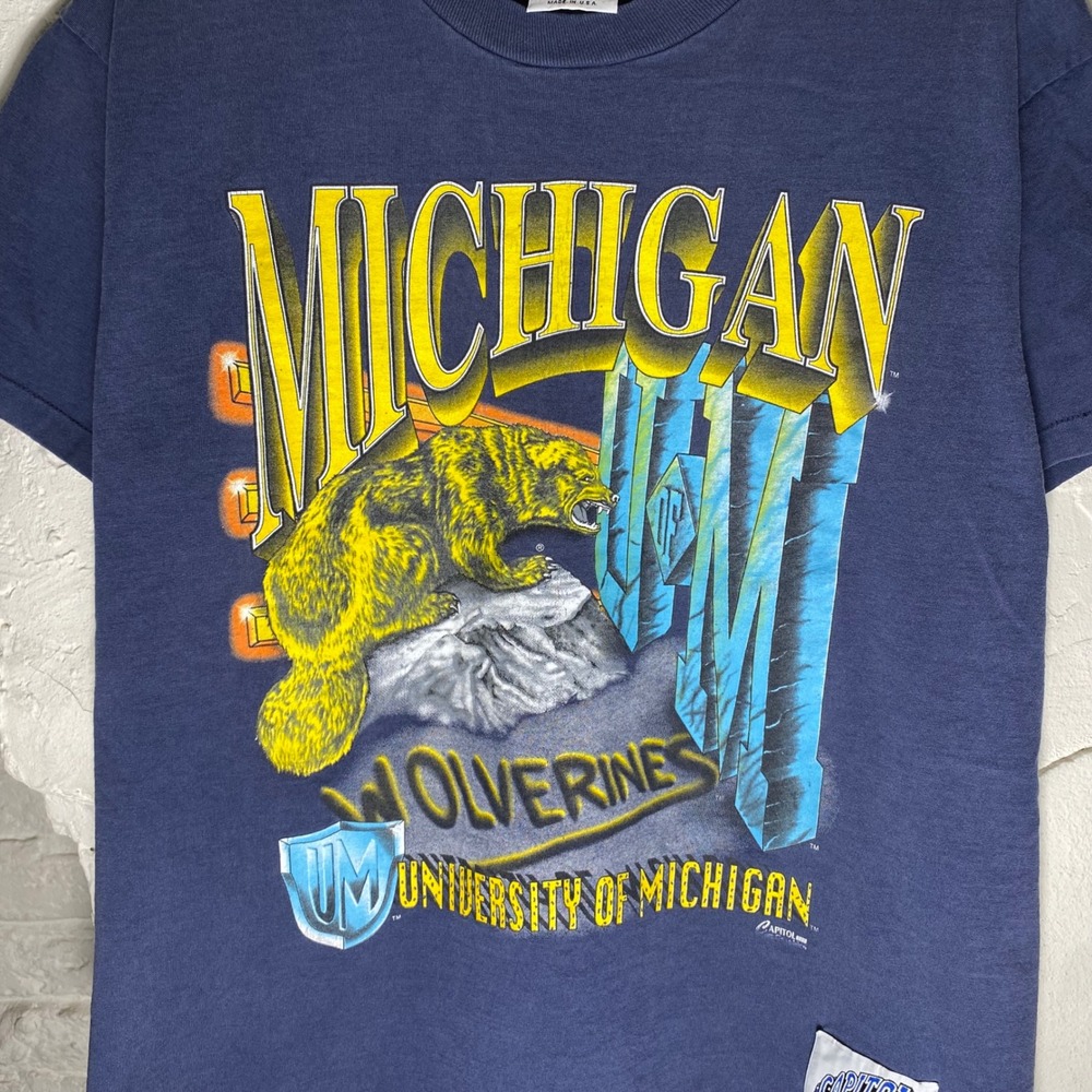 Vintage Michigan Wolverines T Shirt Capitol Graphics‎ Navy Blue Mens Large USA - Picture 2 of 5